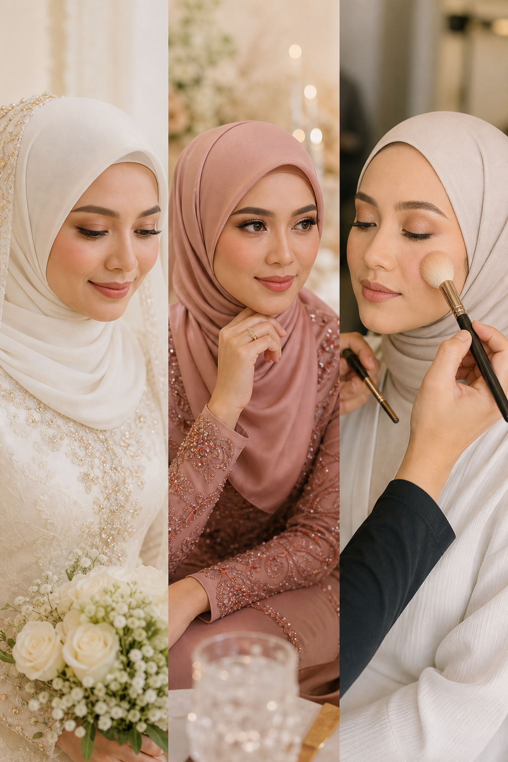 Pengantin berhijab dengan solekan nikah yang lembut dan kemas
